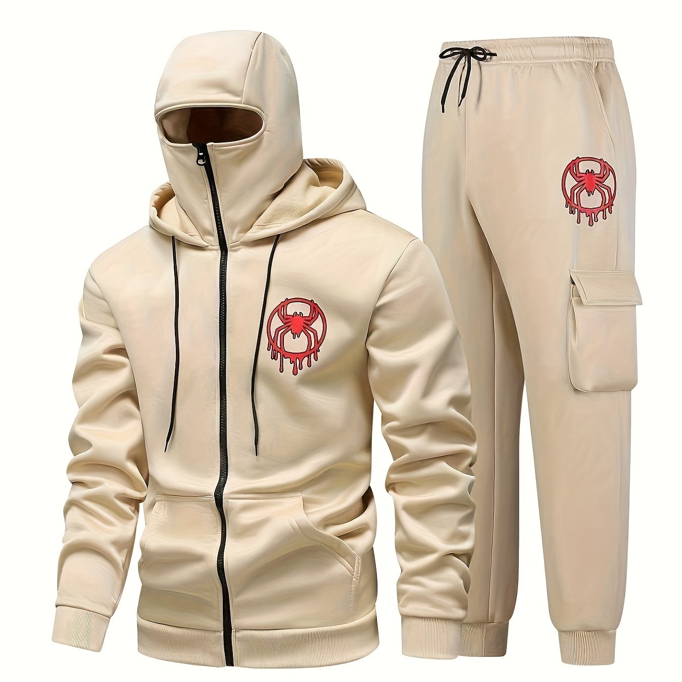 Unisex Kapuzenpullover Balaclava-Design & Jogginghose Trainingsanzug mit Spinnen-Logo