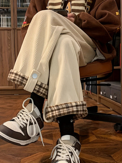 Kordhose Unisex Weites Bein Karo Krempelbund