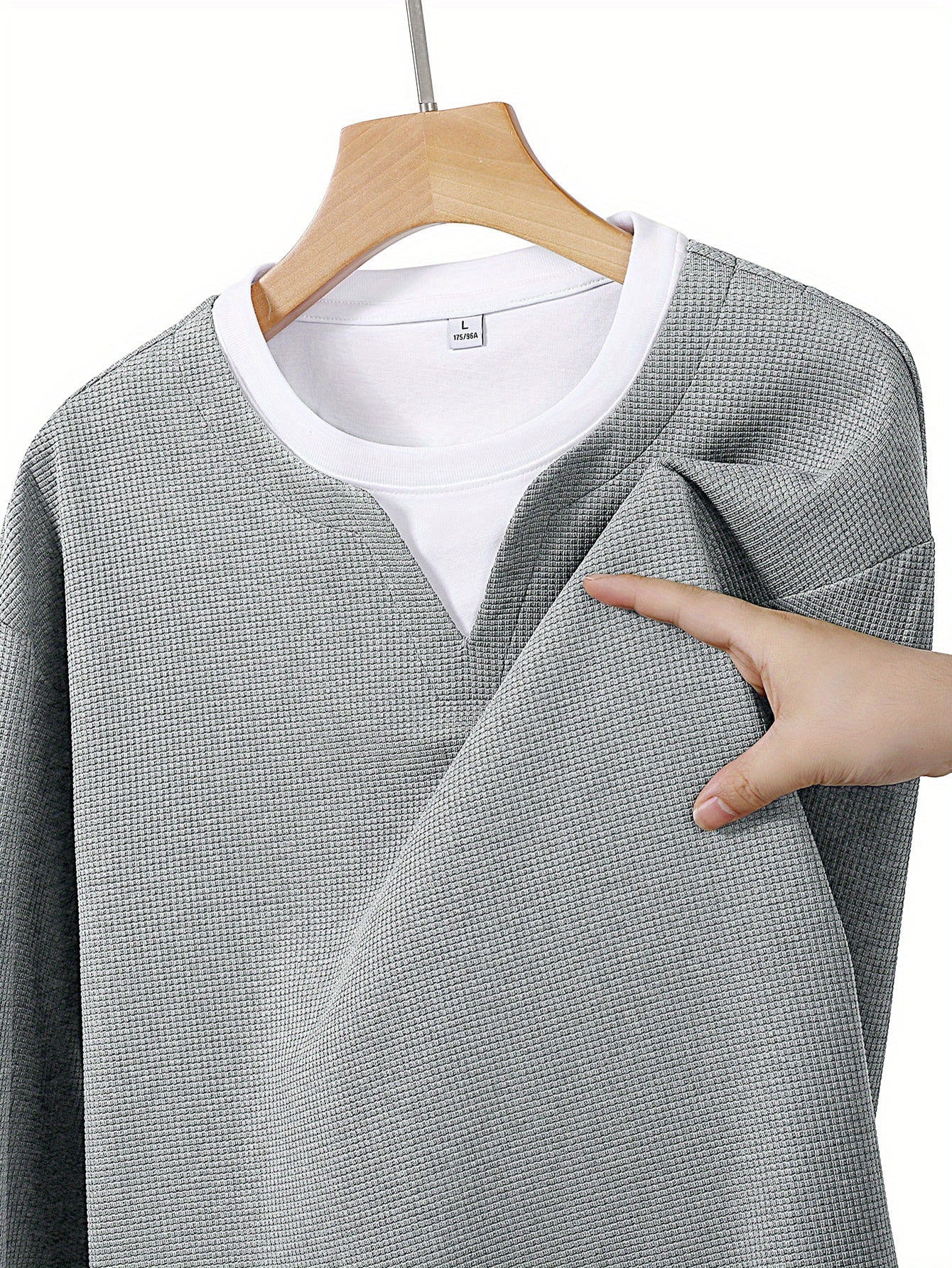 Suéter de punto de gofre para hombre, con escote en V, mangas largas y color liso