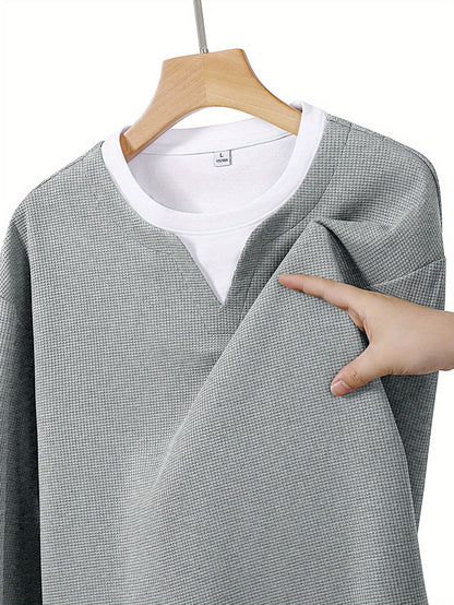 Suéter de punto de gofre para hombre, con escote en V, mangas largas y color liso