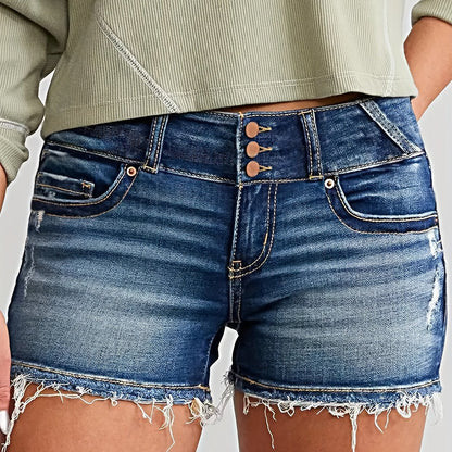 Short en jean femme aspect usé avec franges – Mode estivale décontractée pour loisirs et quotidien