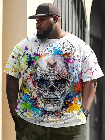 T-shirt homme avec imprimé tête de mort et éclaboussures de peinture – style streetwear urbain, manches courtes, grandes tailles