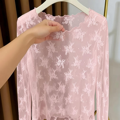 Dame langermet skjorte med blomsterbroderi og transparent design – Elegant overdel for stilfulle antrekk