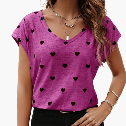 T-shirt élégant pour femme à motif cœur avec col en V – mode estivale décontractée