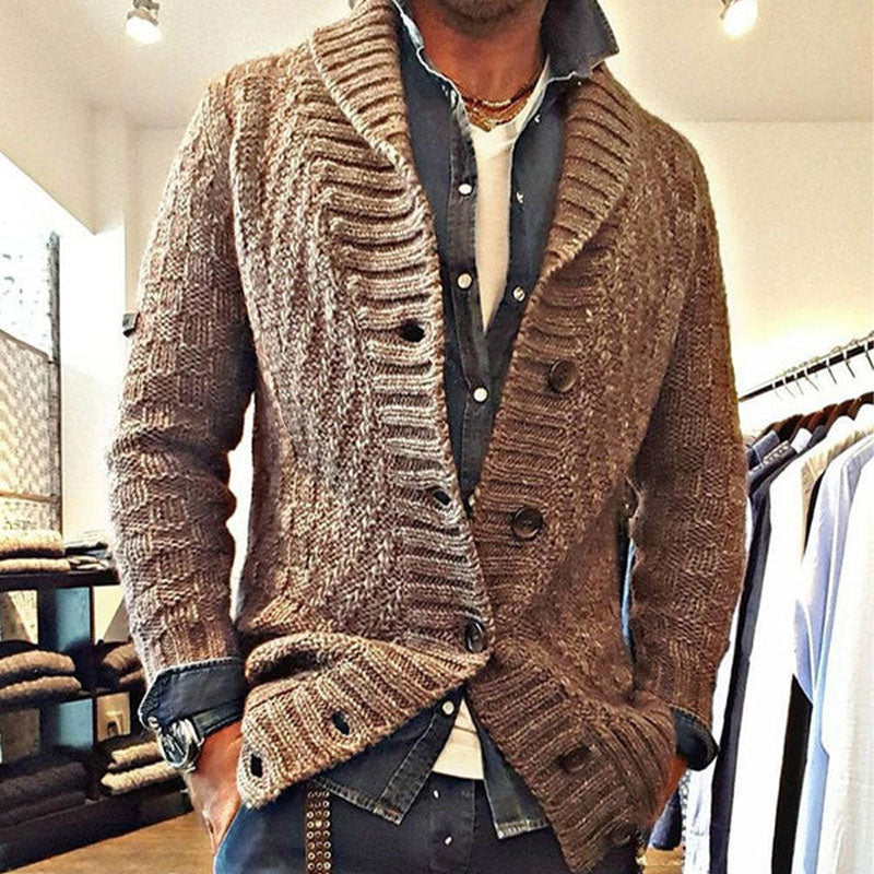 Herre vintage strikcardigan med sjalskrave – Stilfuld fritidsstrik til moderne mænd