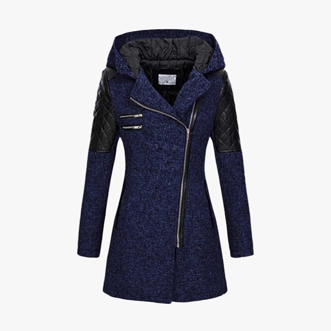 Cappotto invernale da donna con cappuccio – Elegante cappotto corto in tweed con dettagli in ecopelle e cerniera asimmetrica