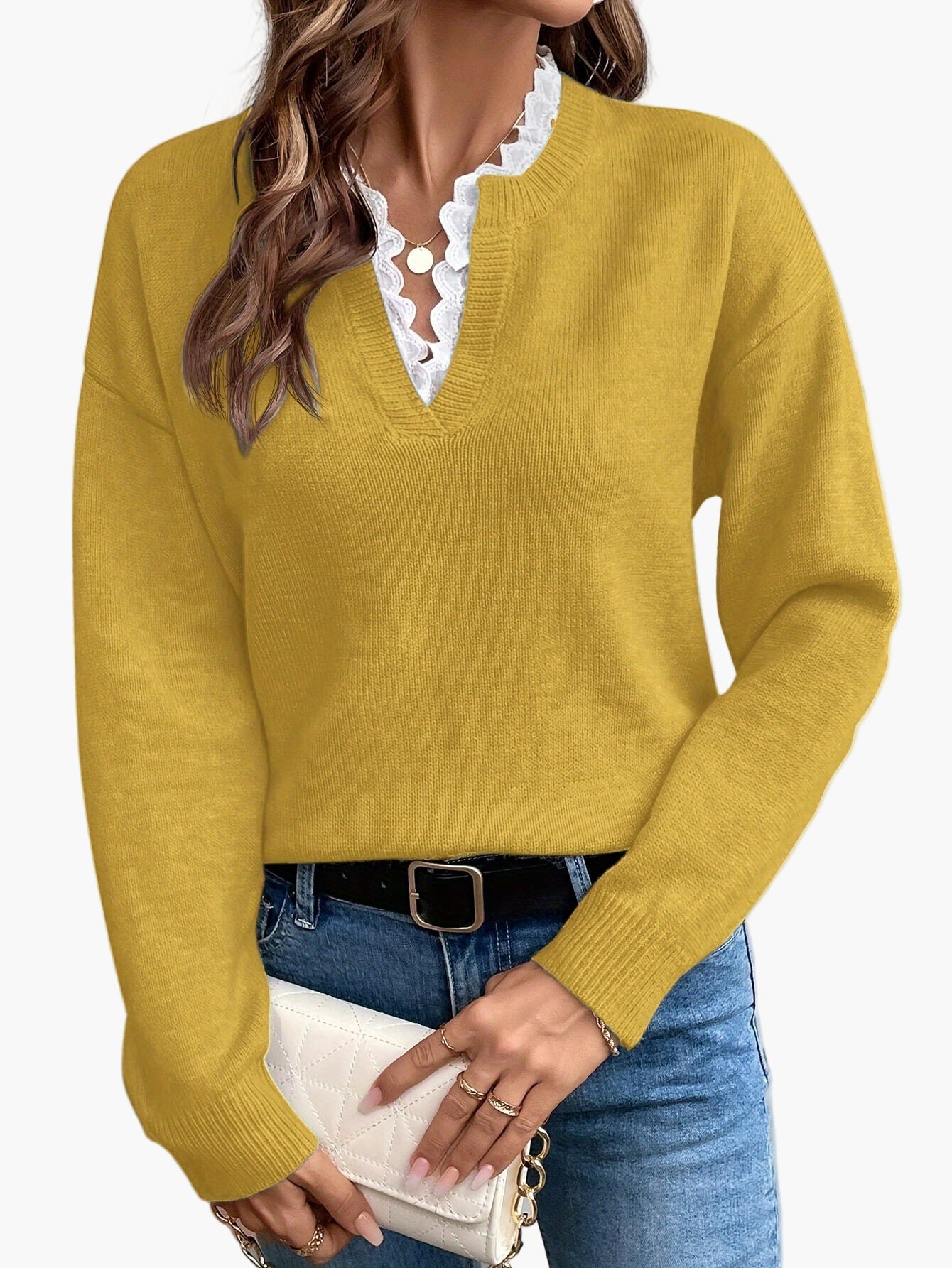 Dames elegante trui met V-hals en ruches kraag – Perfect voor dagelijks gebruik & kantoor