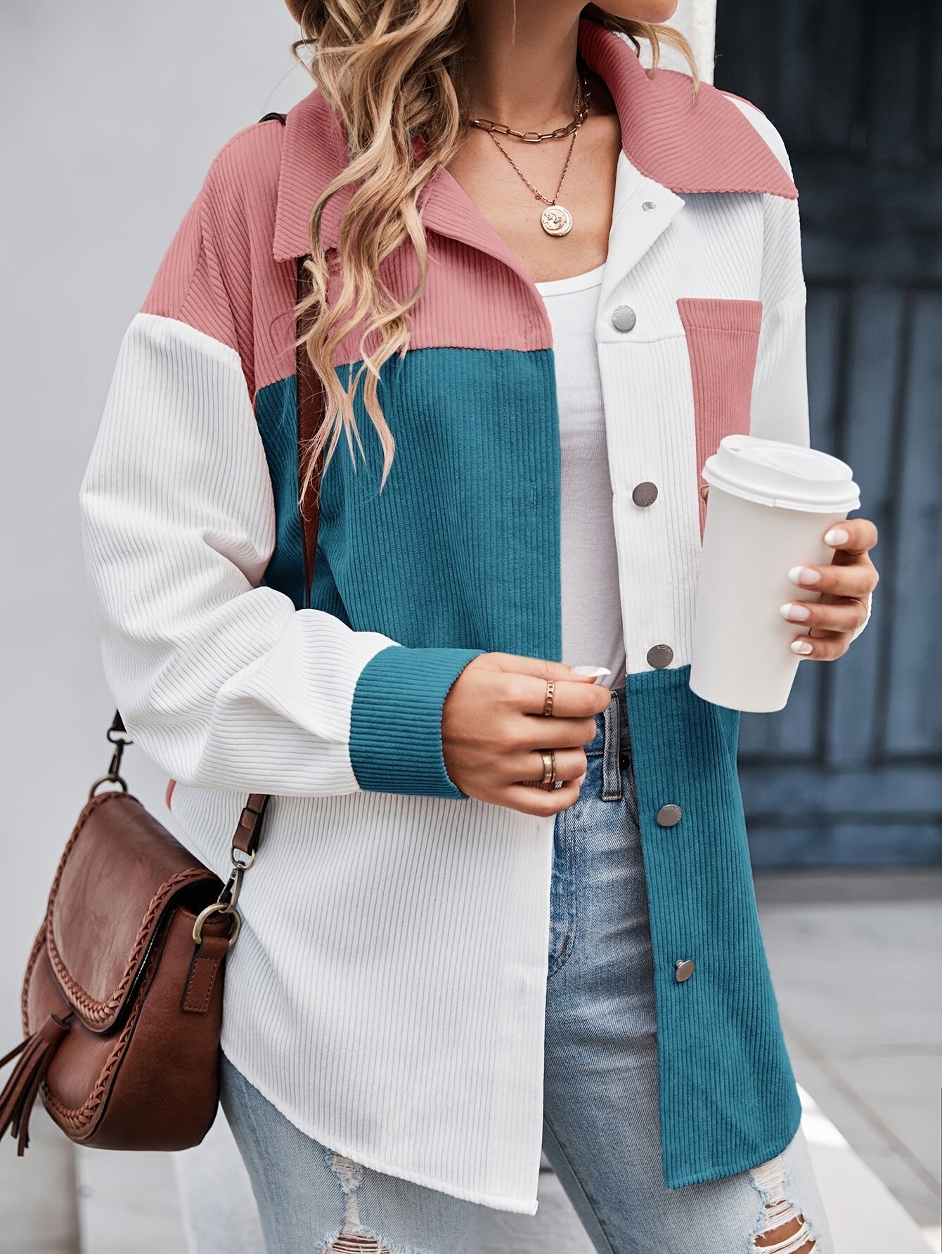 Cordhemdjacke Damen Oversized Colorblock Türkis Rosa Weiß