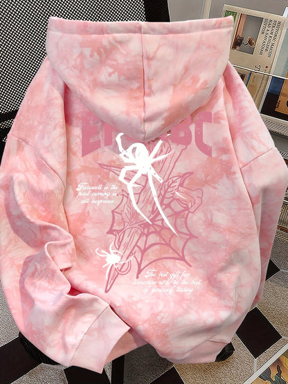 Tie-Dye Hoodie Rosa mit Spinnen-Print und Kapuze
