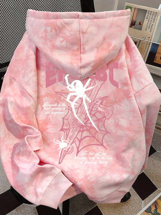 Tie-Dye Hoodie Rosa mit Spinnen-Print und Kapuze
