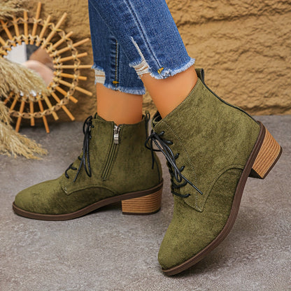 Damen Schnürstiefelette mit seitlichem Reißverschluss, Blockabsatz und spitzer Kappe