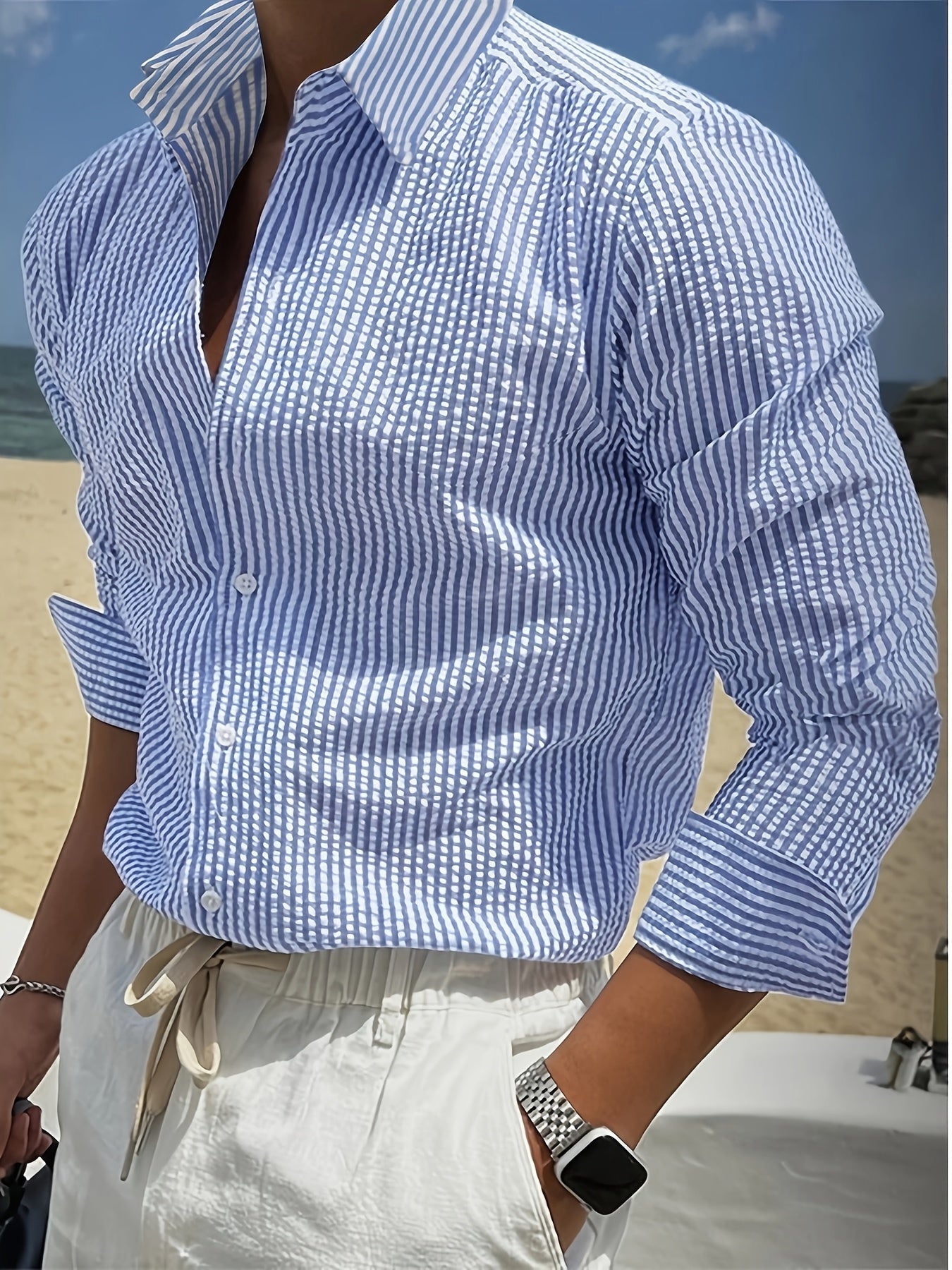 Camicia uomo business casual a righe – Camicia classica a maniche lunghe per ufficio e spiaggia