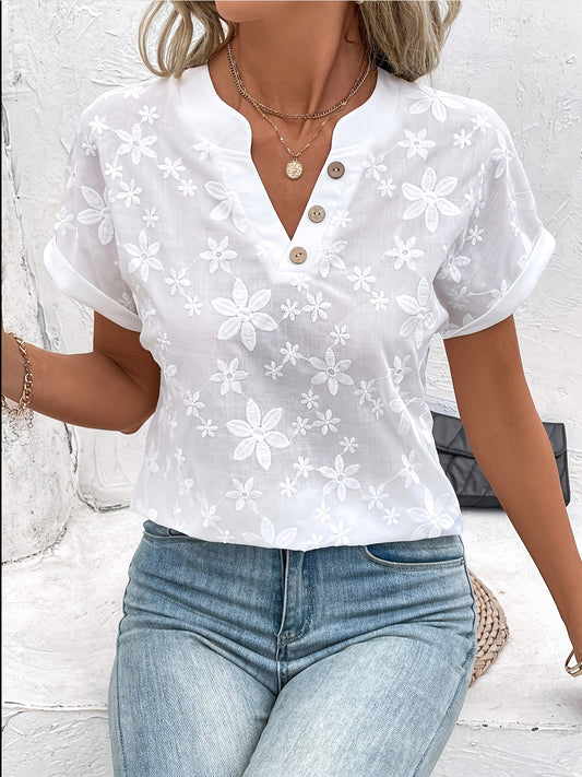 Damebluse Elegant Halvgjennomsiktig Blomstbroderi Kortermet Sommer Fritid
