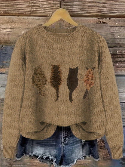 Damen Strickpullover mit Rundhalsausschnitt und Katzen-Print