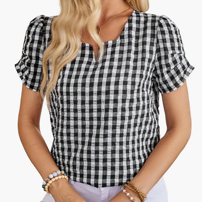 Damesblouse geruit met halsuitsnijding – Elegante vrijetijdsstijl voor lente en zomer
