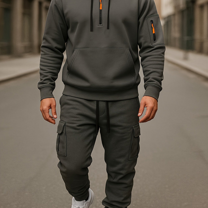 Herren Hoodie & Cargo Jogginghose Set – Loungewear Trainingsanzug mit Reißverschlusstaschen