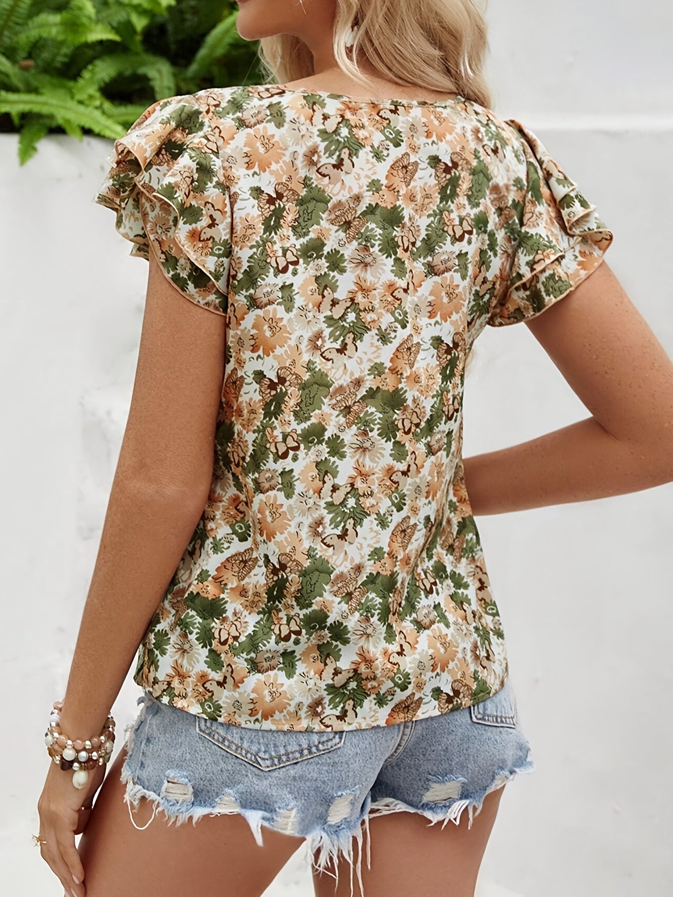 Blusa estiva da donna con motivo floreale e maniche a volant – Stile casual elegante per tutti i giorni e vacanze