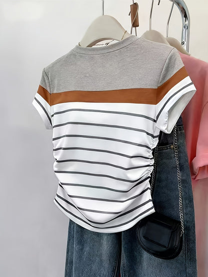 Damen T-Shirt mit Streifen und Raffung – Modisches Freizeitshirt, Sommer-Stil