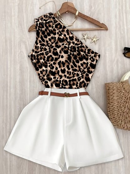 Damen Ein-Schulter Elegant Sommer Set mit Oberteil und Shorts – Modischer Freizeit-Look
