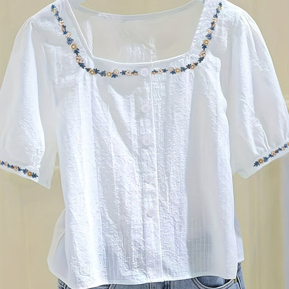 Damen Bluse mit Stickerei und quadratischem Ausschnitt – Eleganter Sommer-Look, Freizeit & Alltag