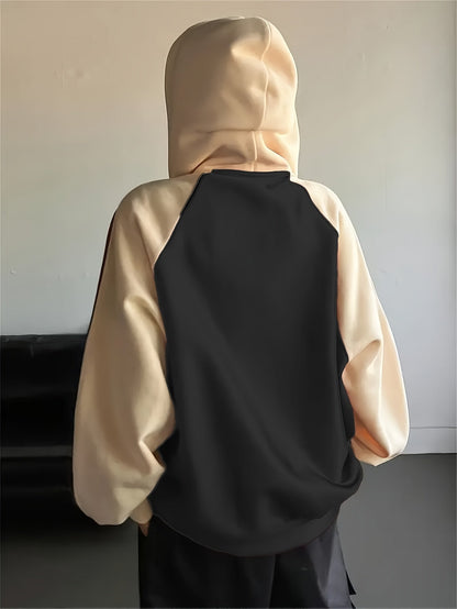 Kapuzenjacke Damen Reißverschluss Zweifarbig Rot Apricot Streifen Oversize