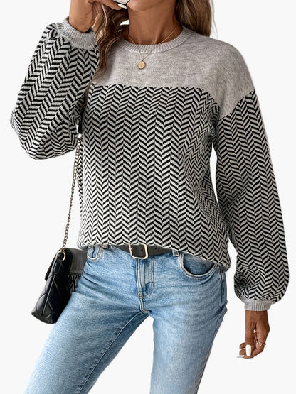Maglione casual da donna a maglia con motivo pied de poule e scollo rotondo – Perfetto per autunno e inverno