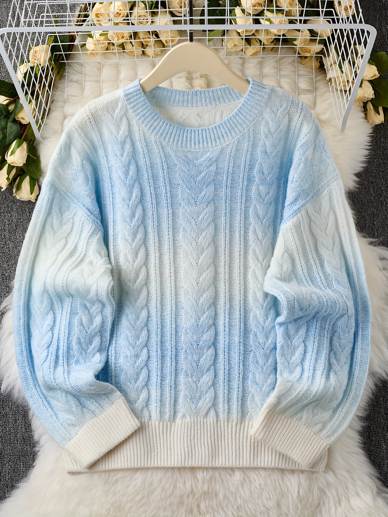 Damen Strickpullover Zopfmuster Blau Weiß Gemütlich Rundhals Langarm