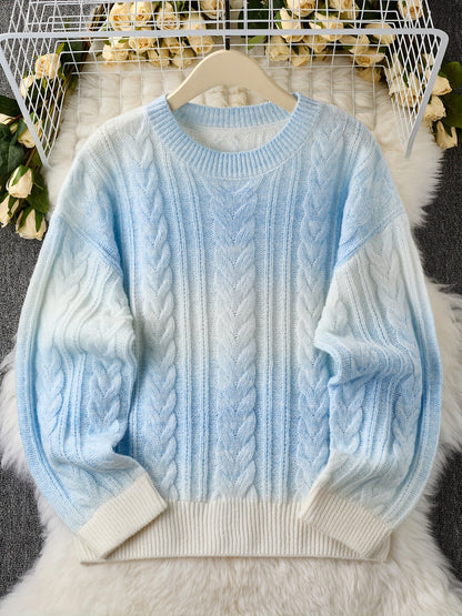 Damen Strickpullover Zopfmuster Blau Weiß Gemütlich Rundhals Langarm