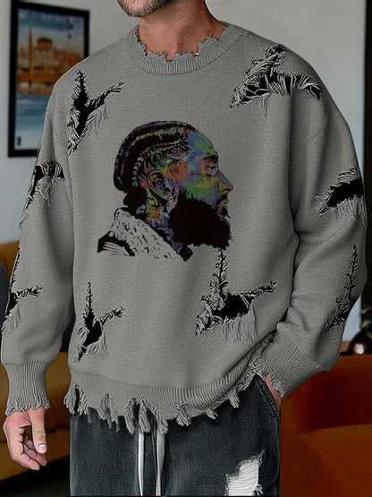 Suéter de hombre de cuello redondo con estampado y efecto desgastado beige