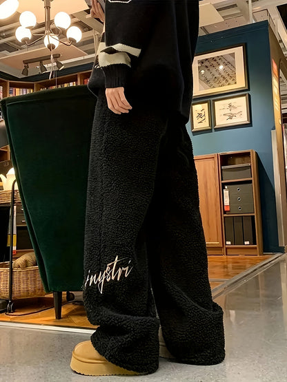 Weite Teddyfleece Hose für Damen, Plüschhose mit Stickerei, lockerer Schnitt