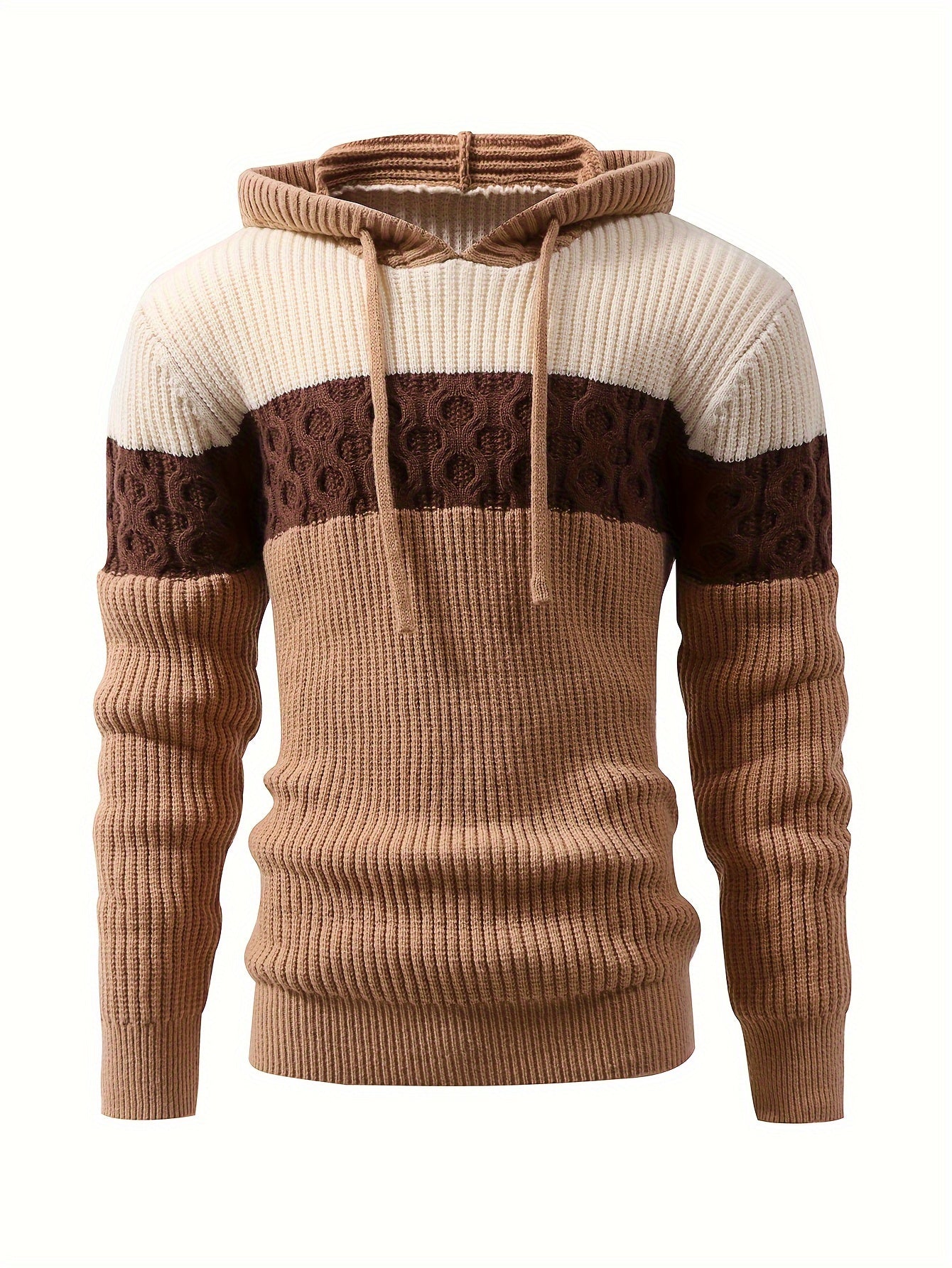 Strikpullover med hætte til mænd, blokstriber, brun og beige
