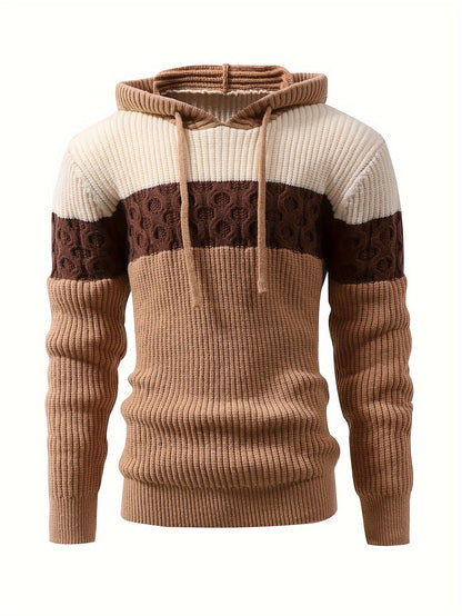 Strikpullover med hætte til mænd, blokstriber, brun og beige