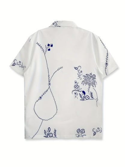 Camisa de manga corta para hombre estilo resort con bordado floral artístico – Estilo casual moderno