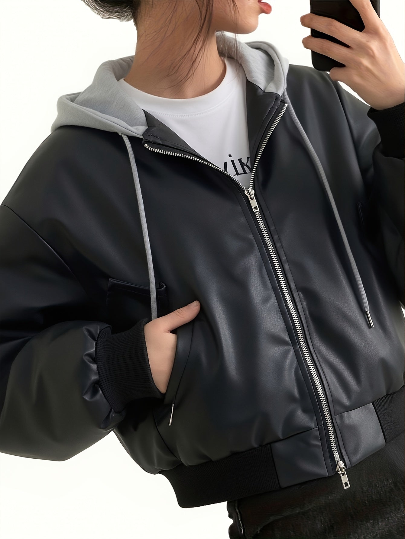 Unisex Bomberjacke Schwarz mit Kapuze Weitem Schnitt