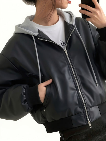 Unisex Bomberjacke Schwarz mit Kapuze Weitem Schnitt