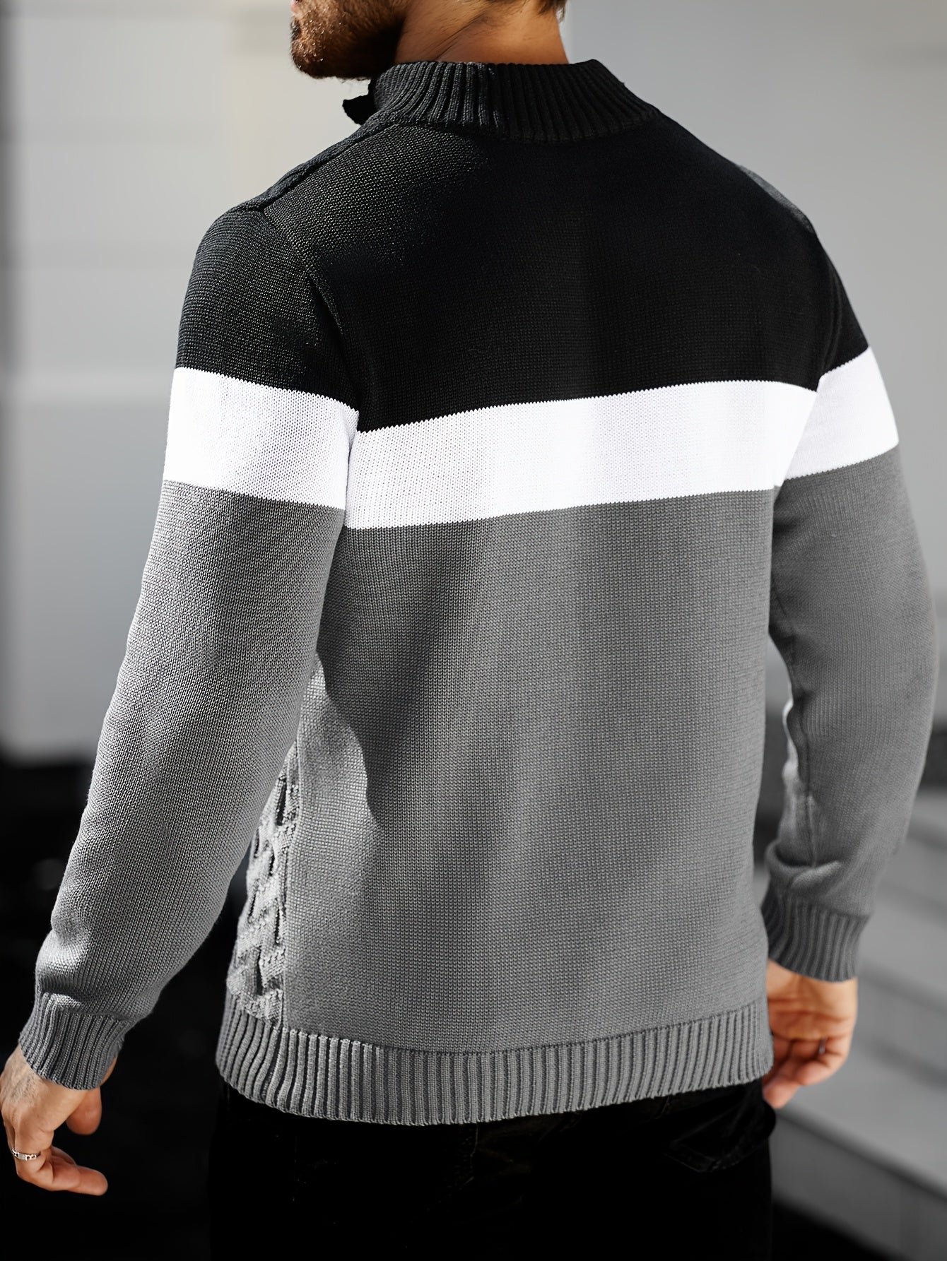 Herren Strickpullover Blockfarben Zopfmuster Stehkragen Knopfleiste