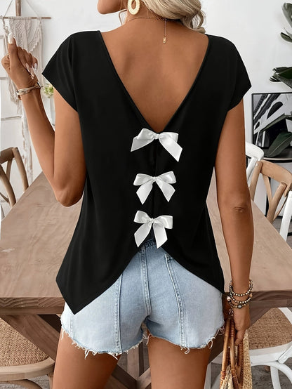 Damen Sommer Top mit Rückenausschnitt und Schleifen, modisches Freizeitshirt für Frühling und Sommer