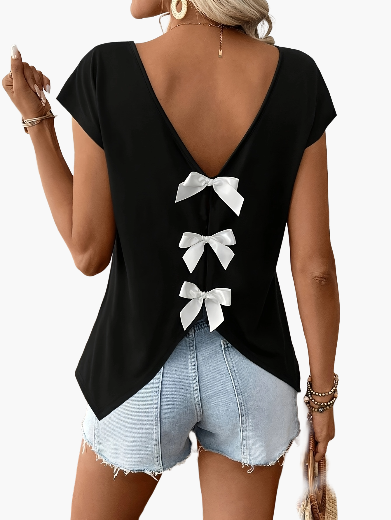 Damen Sommer Top mit Rückenausschnitt und Schleifen, modisches Freizeitshirt für Frühling und Sommer