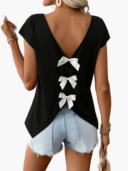Damen Sommer Top mit Rückenausschnitt und Schleifen, modisches Freizeitshirt für Frühling und Sommer