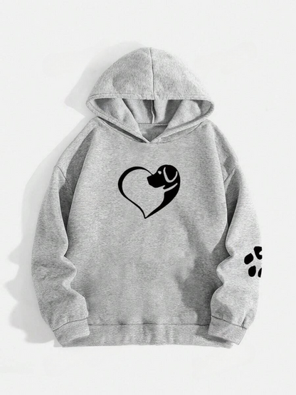 Sudadera con capucha para mujer con motivo de corazón y patas de perro – Jersey con mensaje de amor por los animales, ideal para ocio y día a día