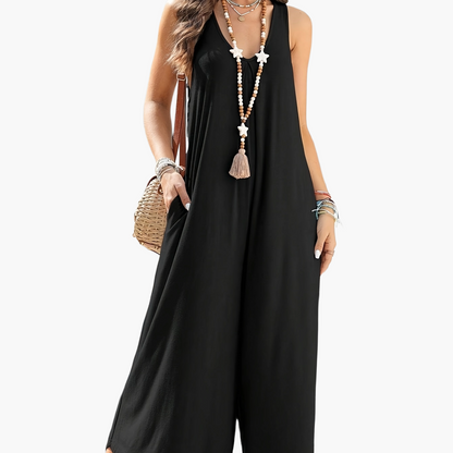 Mono ancho de mujer con escote en V y bolsillos – Mono veraniego casual para el día a día y vacaciones