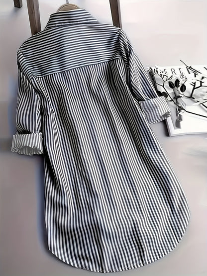 Dame langærmet skjortebluse med striber, afslappet elegant til kontor og hverdag