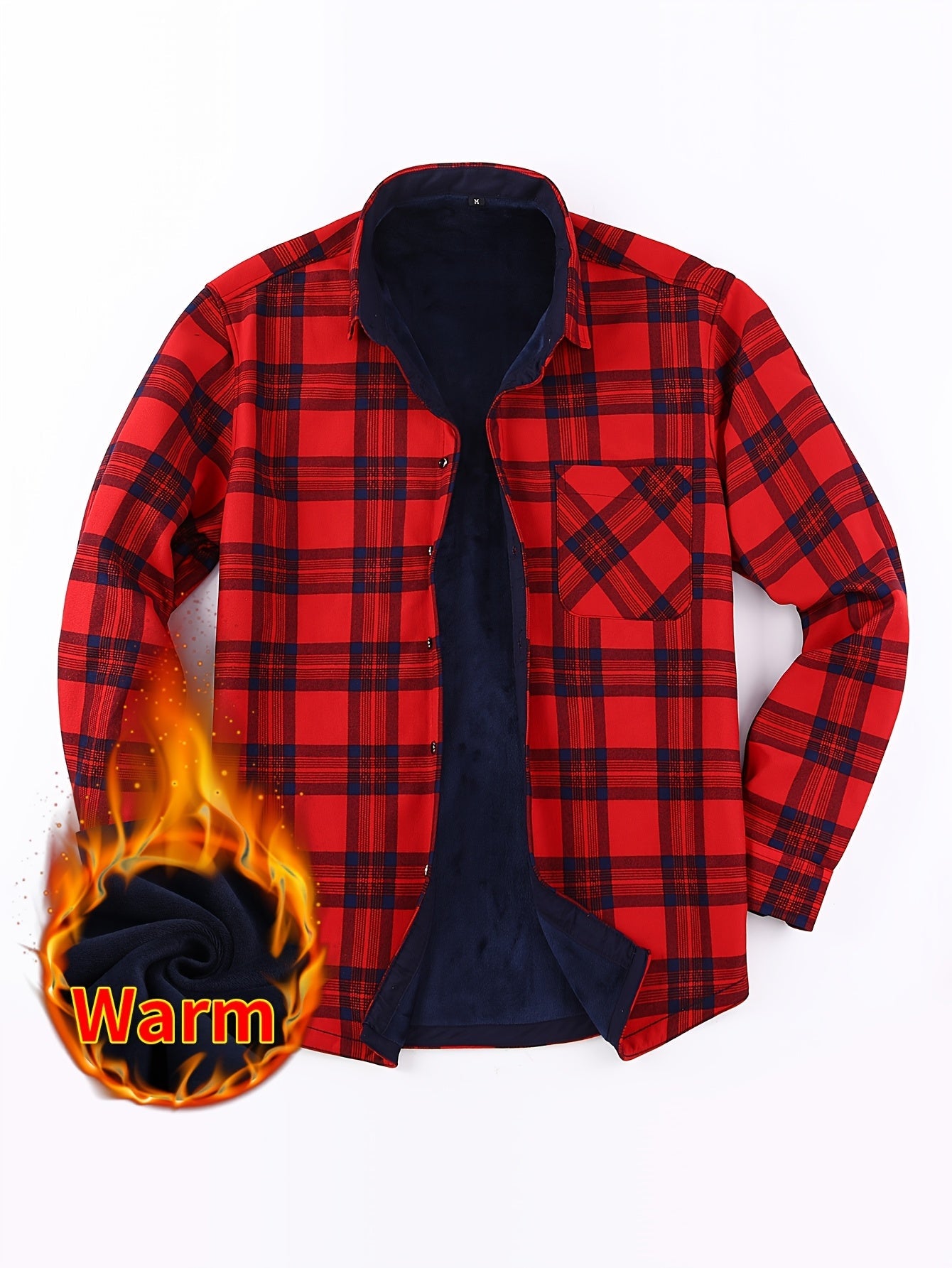 Giacca-camicia da uomo a quadri con fodera in pile e bottoni