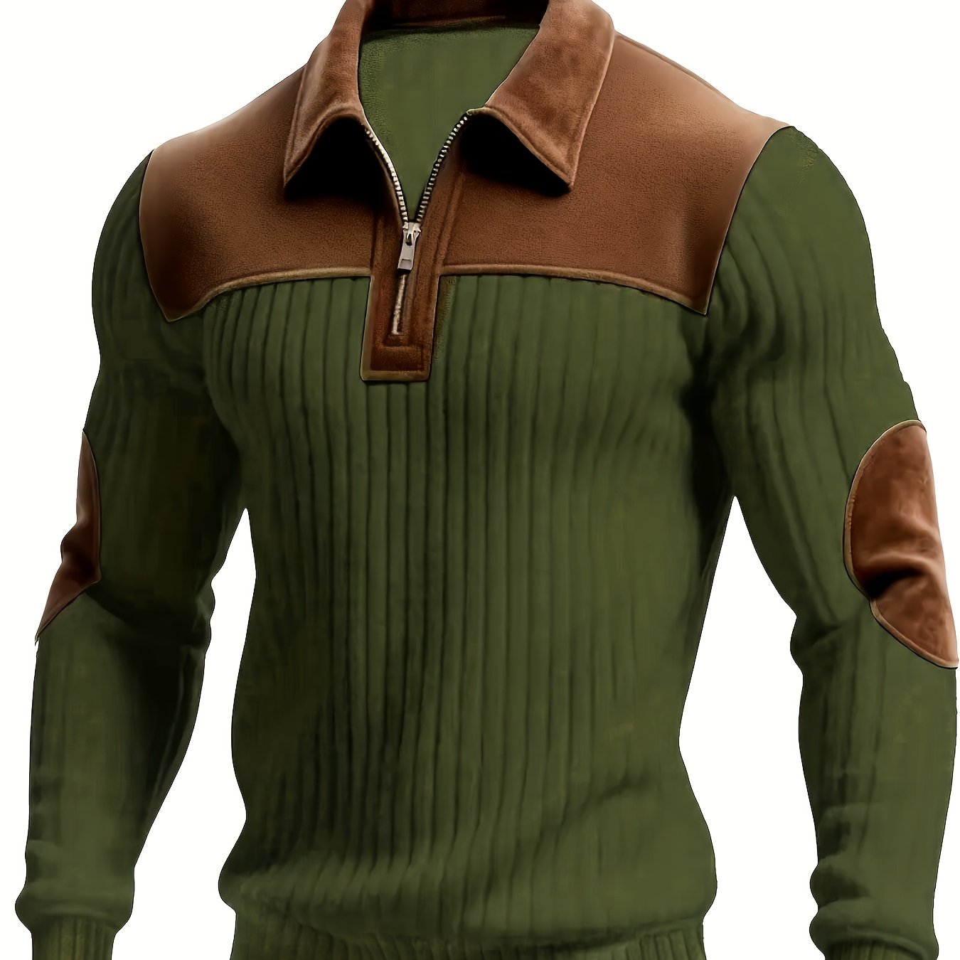 Herren Rippstrick Pullover mit Kragen, Reißverschluss und Patches