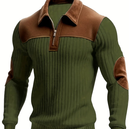 Herren Rippstrick Pullover mit Kragen, Reißverschluss und Patches