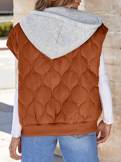 Gewatteerd damesvest met capuchon, roestbruin, mouwloos