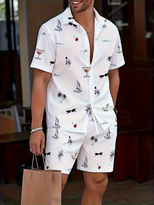 Set estivo uomo casual – Camicia a maniche corte e pantaloncini con stampa marina, ideale per vacanze e tempo libero