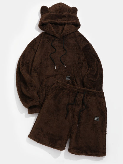 Plüsch Hoodie & Shorts Set mit Bärenohren, Braun