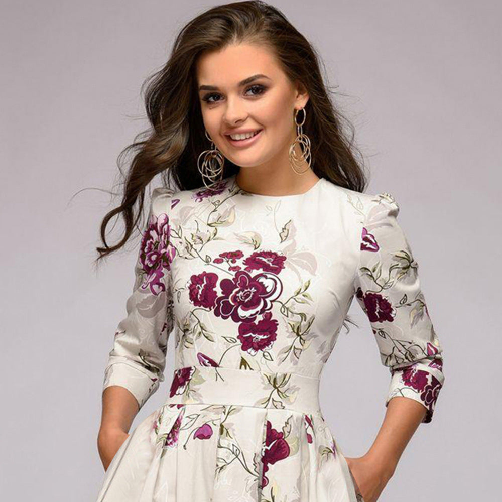 Dames elegante A-lijn jurk met bloemenpatroon en 3/4 mouwen voor feestelijke gelegenheden en dagelijks gebruik