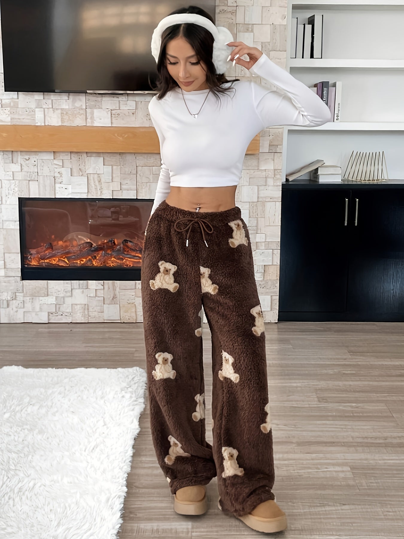 Damen Plüschhose mit Teddybär-Muster, Braun, Weites Bein, Elastischer Bund